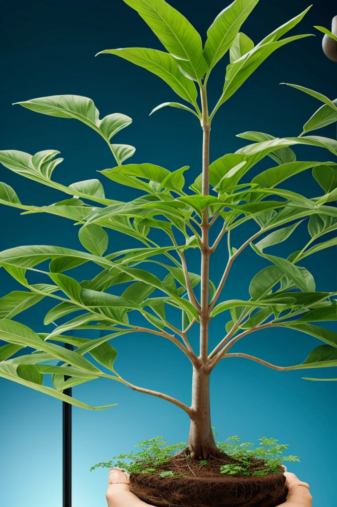 Plant with roots that connect a human brain with blue and green neural networks
