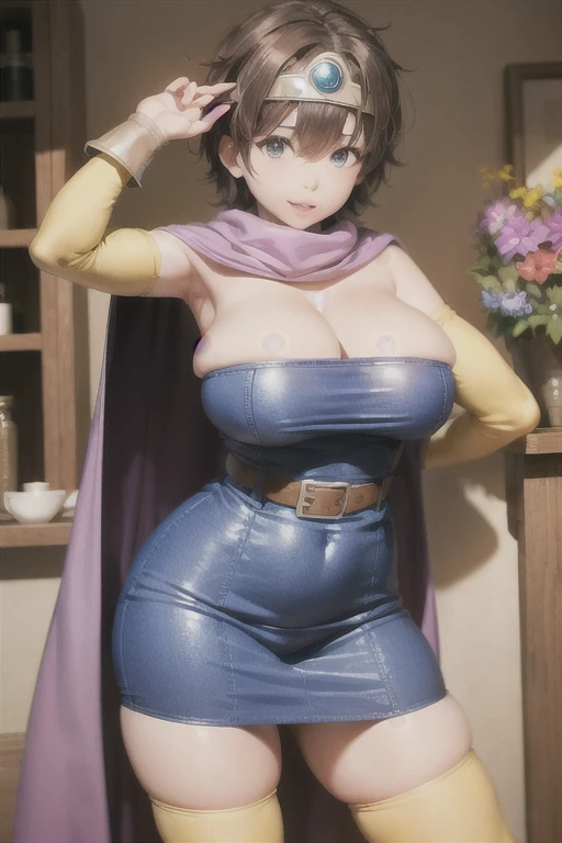 (masterpiece, Highest quality:1.1), (背中にsheathに収められた武器:1.2), internal (dq3), One girl, alone, short hair, Brown Hair, blue eyes, Circlet, Large Breasts, Cleavage, Strapless, Blue clothes, Purple Cape, Knee socks, Elbow hand pockets, boots, belt, sheath,, knee boots, Simple Background、Big breasts that are about to burst