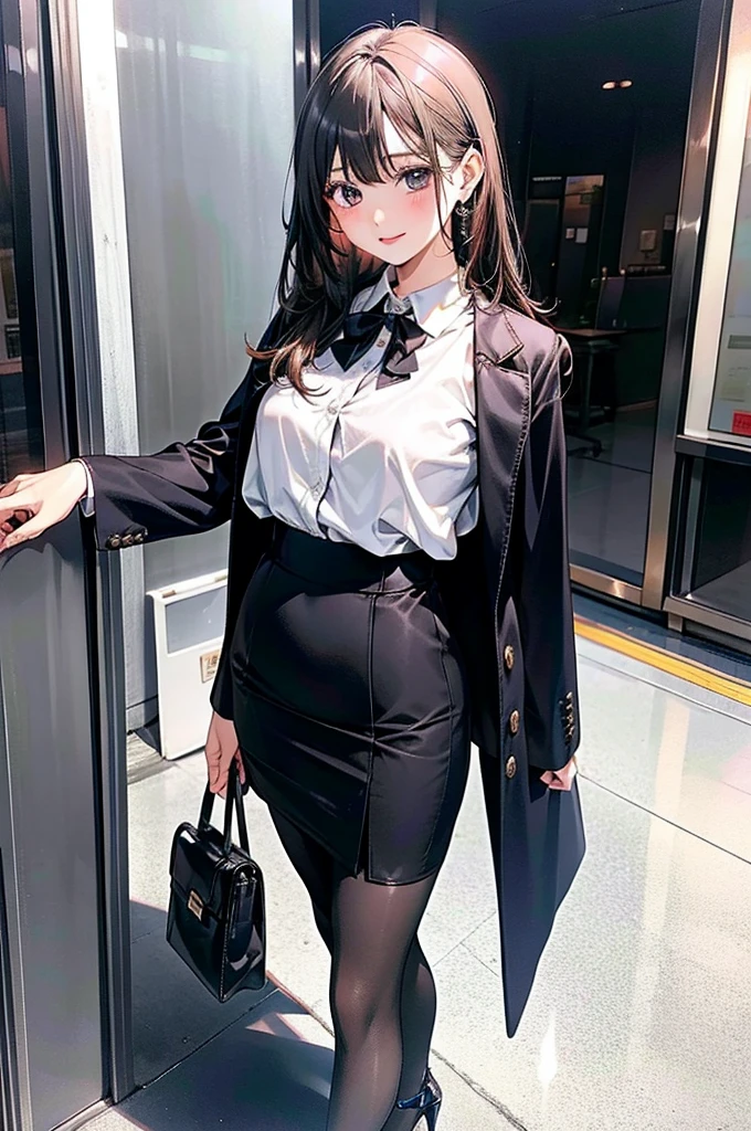 old、Beautiful girl、Great style、Good buddy、glamorous、business suit、Skirt、pantyhose、High heels、office、Are standing、The whole body is visible、Crossbody Bags、Pie Slash、Hang the bag at an angle，Large