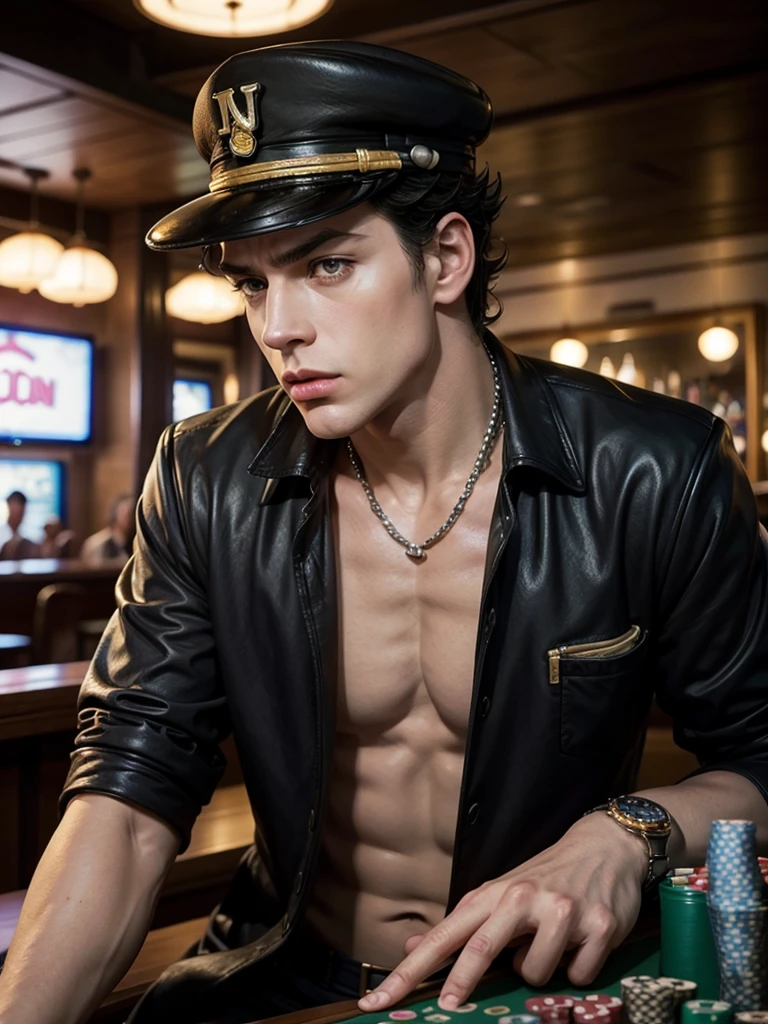 jotaro(de jojo bizarre adventure) bald man playing poker in a bar