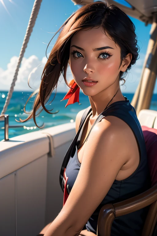 （Highest quality), (High detail), (Vibrant colors), (One girl), A cute female pirate sailing the high seas, High resolution, 4K, Head to Knee,