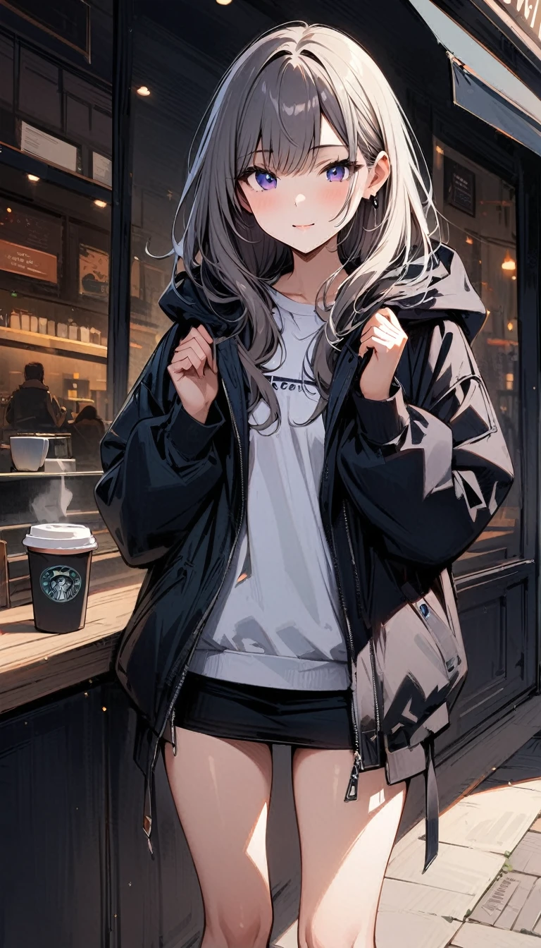 (masterpiece, best quality:1.2), 18 years old, very beautiful girl, alone, Happy expression looking at the camera in a coffee shop, Precise face, She is wearing a large flowing jacket, a short skirt, and sneakers., fragrant coffee, whole body, simple background, Nizi 5,