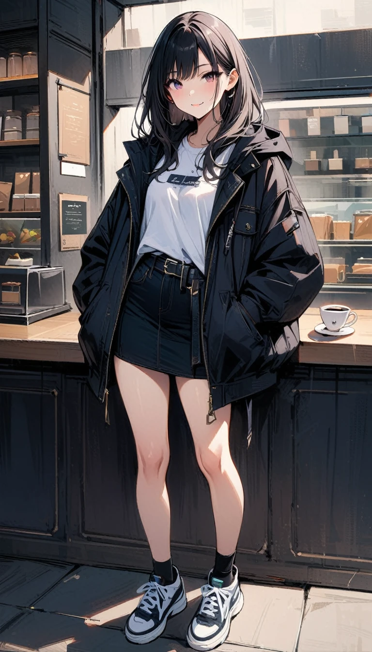 (masterpiece, best quality:1.2), 18 years old, very beautiful girl, alone, Happy expression looking at the camera in a coffee shop, Precise face, She is wearing a large flowing jacket, a short skirt, and sneakers., fragrant coffee, whole body, simple background, Nizi 5,