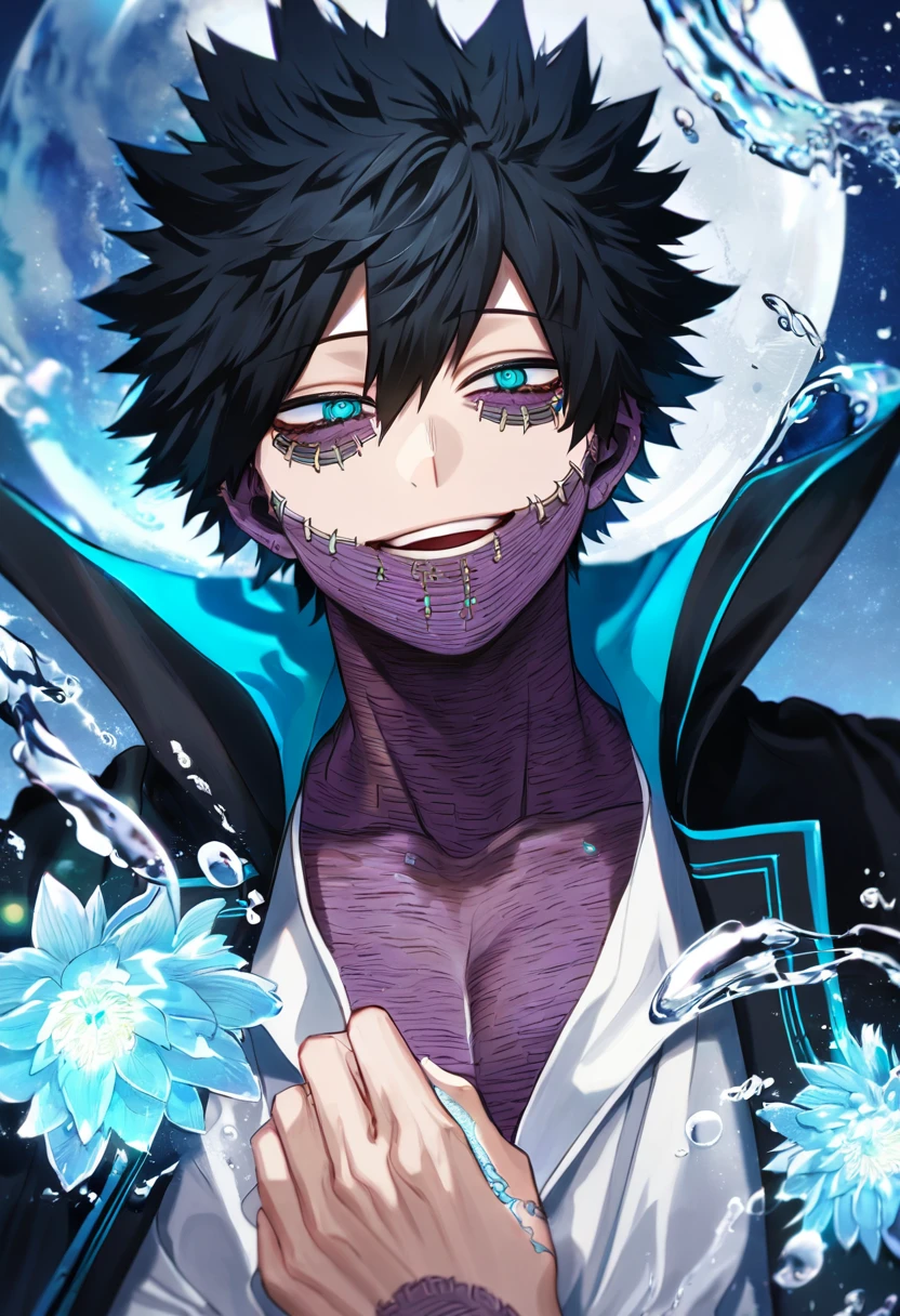 absurdres, highres, ultra detailed, HDR, master piece, best quality, Dabi, black hair, expressive turquoise eyes, Boku No Hero Academia, solo, sexy man, handsome, dark blue coat with white cuffs, white V-necked shirt with white outlines, fantasy, purple flowers, purple blossoms, water, purple petals, purple moon