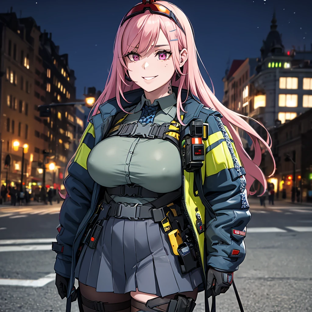 A woman wearing a black military shirt, with military camouflage, long sleeves, cargo pants with military camouflage, green arm band, pink hair, long hair, hot pink eyes, black boots, muscular, large breasts, at a high point of a rock, smiling, standing upright, with a view of the big city, place at night, lighting in place.(solo woman) ,UHD , prime work , accurate , anatomically correct , textured skin , super details , high quality , best quality, 8k, high resolution, bokeh effect.
