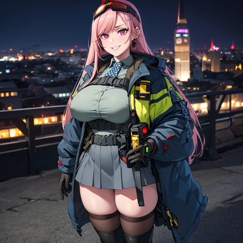 A woman wearing a black military shirt, with military camouflage, long sleeves, cargo pants with military camouflage, green arm band, pink hair, long hair, hot pink eyes, black boots, muscular, large breasts, at a high point of a rock, smiling, standing upright, with a view of the big city, place at night, lighting in place.(solo woman) ,UHD , prime work , accurate , anatomically correct , textured skin , super details , high quality , best quality, 8k, high resolution, bokeh effect.
