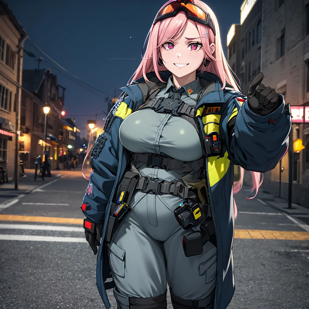 A woman wearing a black military shirt, with military camouflage, long sleeves, cargo pants with military camouflage, green arm band, pink hair, long hair, hot pink eyes, black boots, muscular, large breasts, at a high point of a rock, smiling, standing upright, with a view of the big city, place at night, lighting in place.(solo woman) ,UHD , prime work , accurate , anatomically correct , textured skin , super details , high quality , best quality, 8k, high resolution, bokeh effect.
