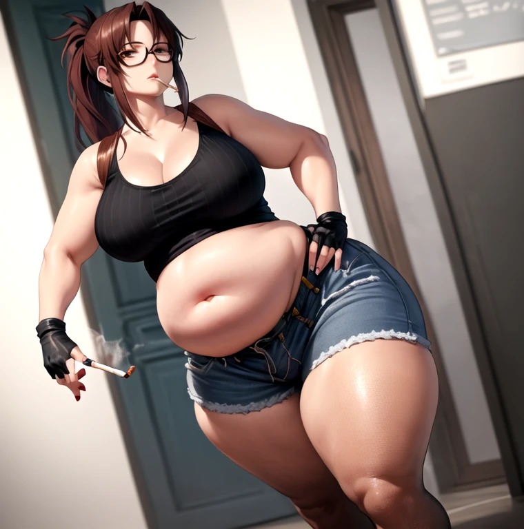 (masterpiece, best quality, absurdres, beautiful, anime aesthetic, cell shading), solo, 1girl, revy, 42-year-old, mature woman, milf, (Chubby figure:1.5), expressionless, looking at viewer, walking, ponytail, (Wearing: red tank top, fingerless gloves, black leather pants) cigarette, smoking, city street \(place\), very belly.
