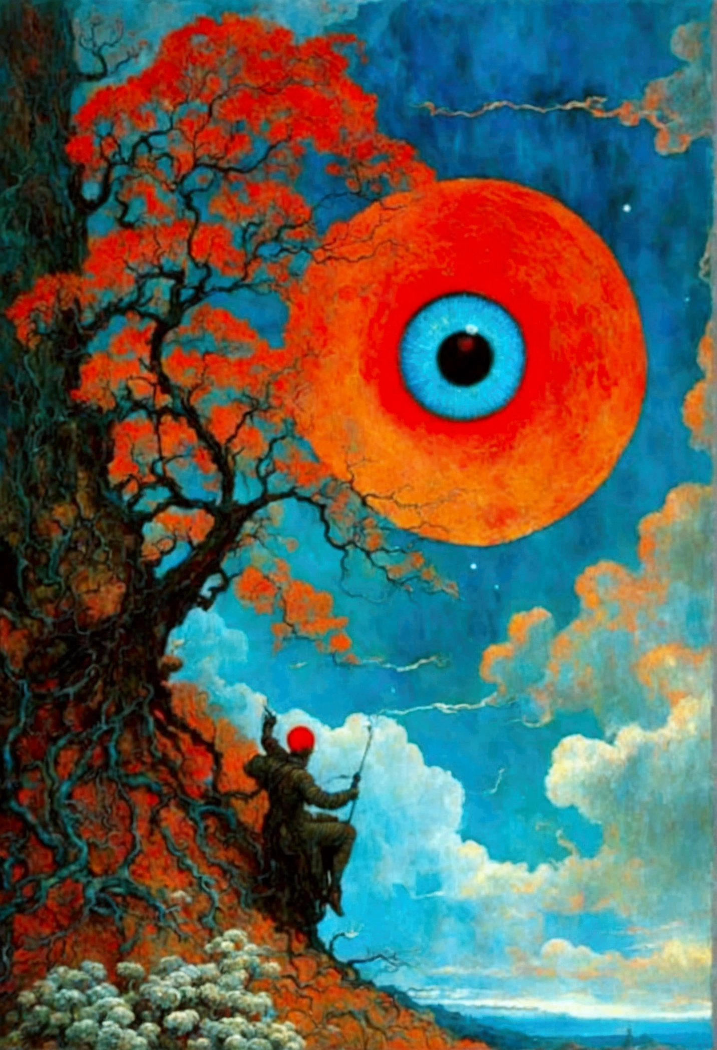 Mythical creatures, author：Zdzislaw Beksiński and Vincent van Gogh, Red moon and big eyeucha