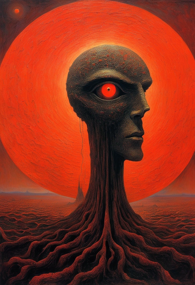 Mythical creatures, author:Zdzislaw Beksiński and Vincent van Gogh, Red moon and big eyeucha