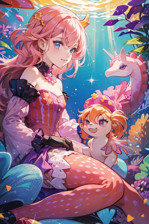 Dottyback is a purple, orange and pink polka-dotted seahorse with an orange mane and a pink horn and heart. SPARKLE; GLITTER