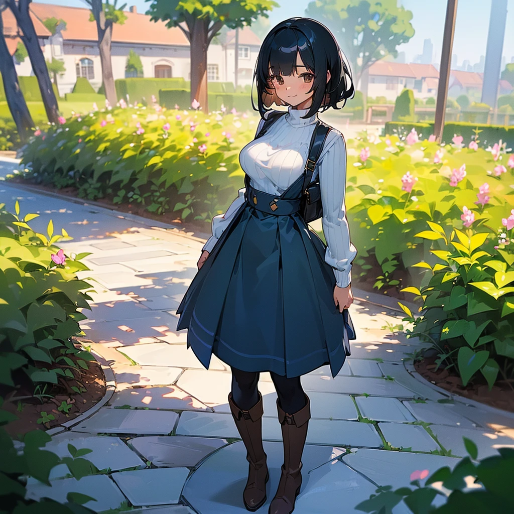 (high quality, High resolution, Very detailed, reality:1.37), Peaceful atmosphere, (Outdoor, garden), Teenage girl standing alone, (my breasts are big.), Beautiful details, Cute Smile, (Black bob hair), Ribbed sweater, Blue Skirt, Black tights, Brown boots.