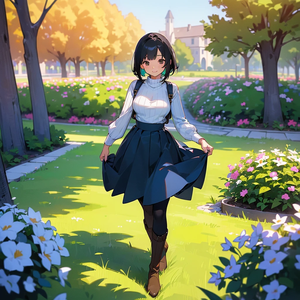(high quality, High resolution, Very detailed, reality:1.37), Peaceful atmosphere, (Outdoor, garden), girl standing alone, (my breasts are big.), Beautiful details, Cute Smile, (Black bob hair), Ribbed sweater, Blue Skirt, Black tights, Brown boots.