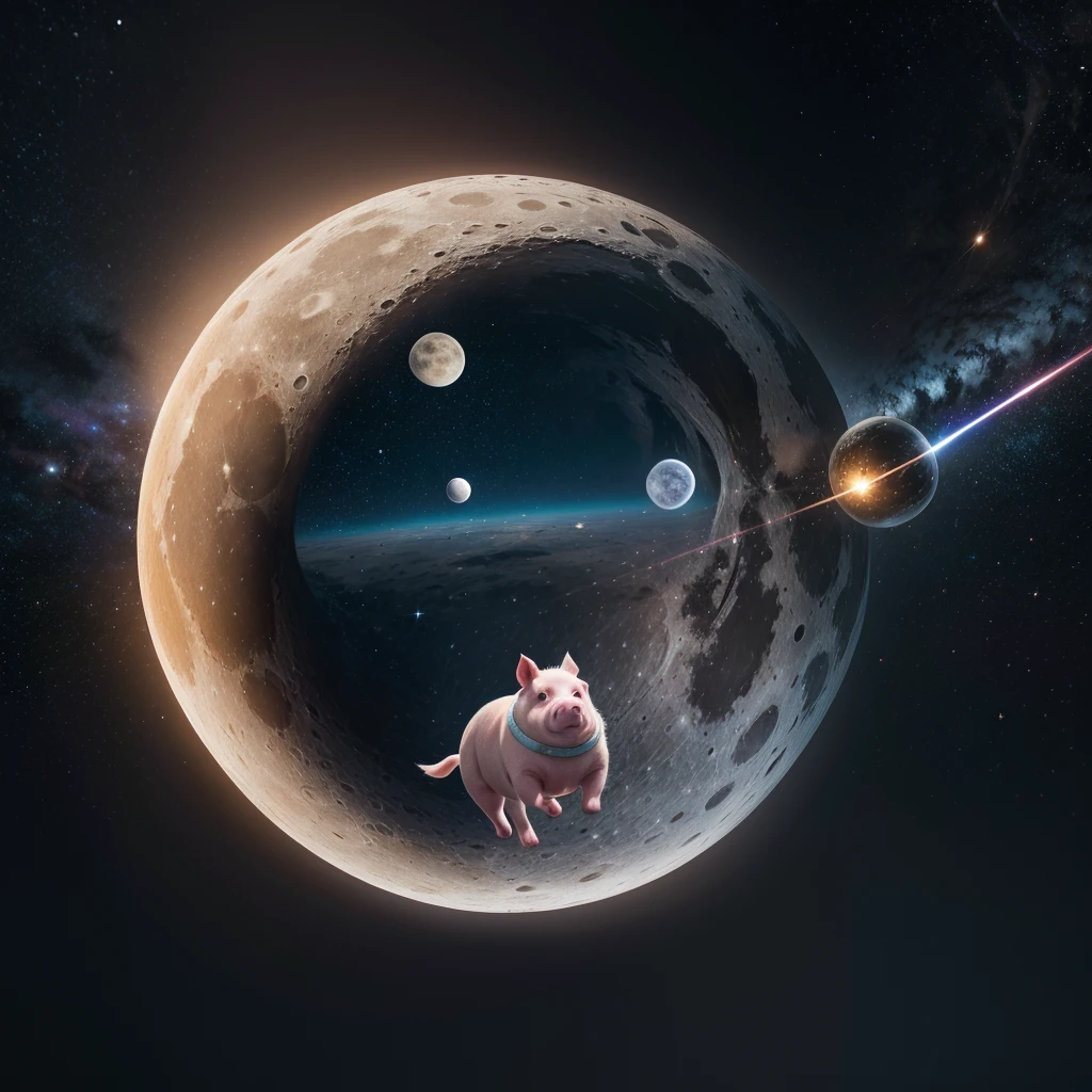 The logo consists of a circle that represents the moon, inside which is a pig flying in outer space. The pig symbolizes originality and creativity, while outer space evokes a sense of adventure and exploration. The design is modern, with vibrant colors and a unique style that makes it memorable and eye-catching. the name of the product "A circle and inside the circle a pig flying in outer space near the moon" presented in an elegant and sophisticated way, reinforcing the image of a leading and popular brand in the shirt market, I do all this in a logo