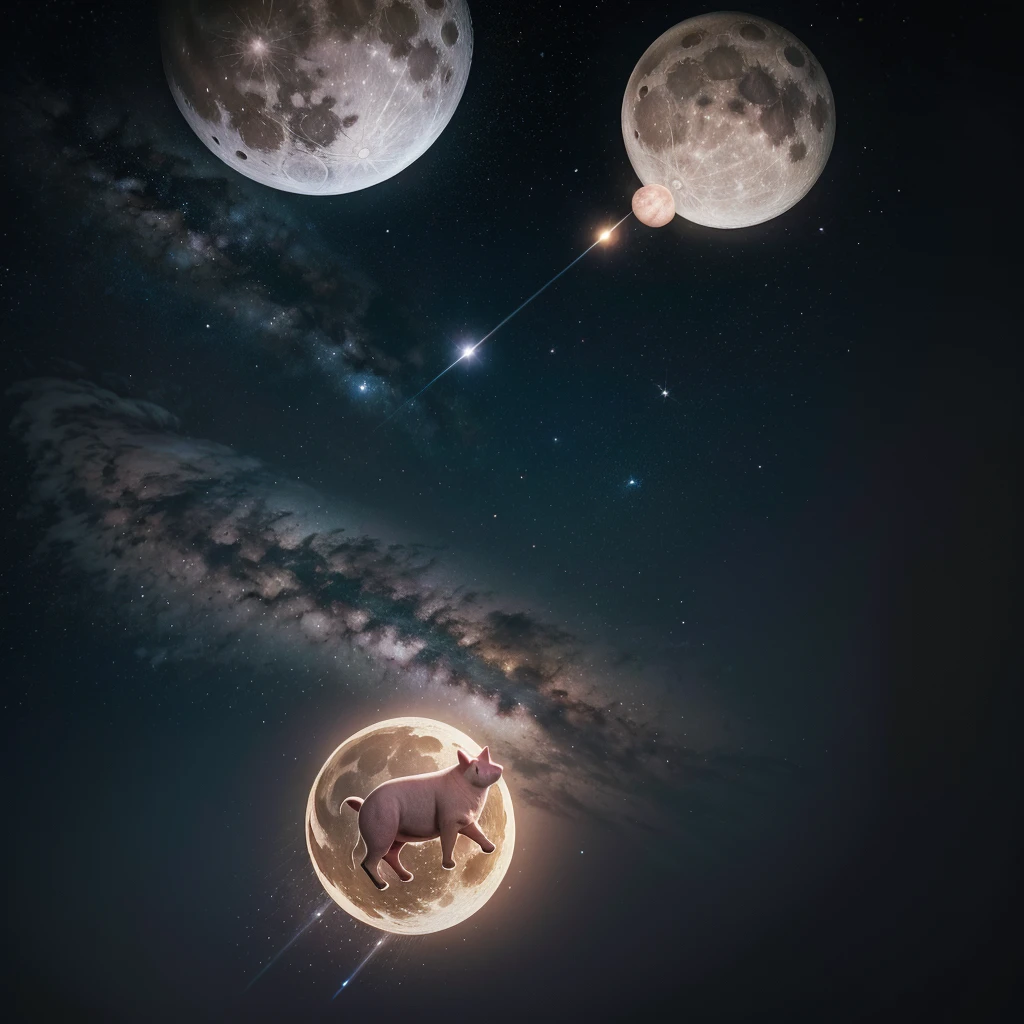 The logo consists of a circle that represents the moon, inside which is a pig flying in outer space. The pig symbolizes originality and creativity, while outer space evokes a sense of adventure and exploration. The design is modern, with vibrant colors and a unique style that makes it memorable and eye-catching. the name of the product "A circle and inside the circle a pig flying in outer space near the moon" presented in an elegant and sophisticated way, reinforcing the image of a leading and popular brand in the shirt market, I do all this in a logo