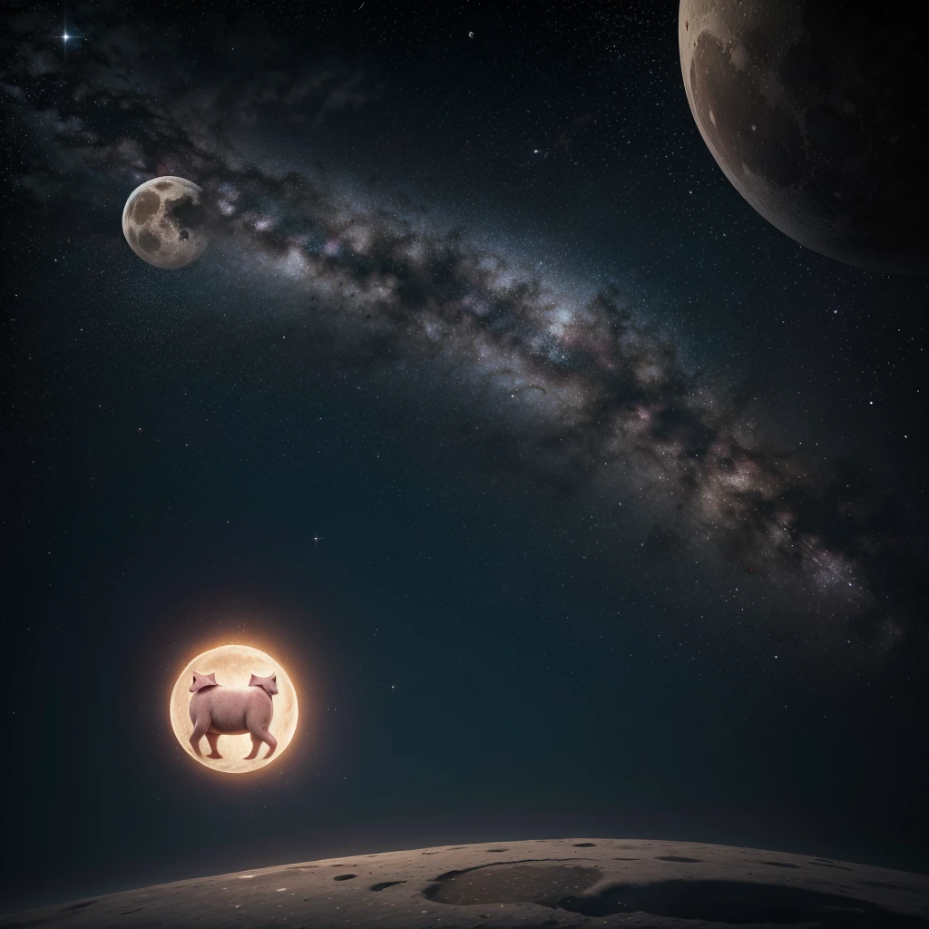 The logo consists of a circle that represents the moon, inside which is a pig flying in outer space. The pig symbolizes originality and creativity, while outer space evokes a sense of adventure and exploration. The design is modern, with vibrant colors and a unique style that makes it memorable and eye-catching. the name of the product "A circle and inside the circle a pig flying in outer space near the moon" presented in an elegant and sophisticated way, reinforcing the image of a leading and popular brand in the shirt market, I do all this in a logo