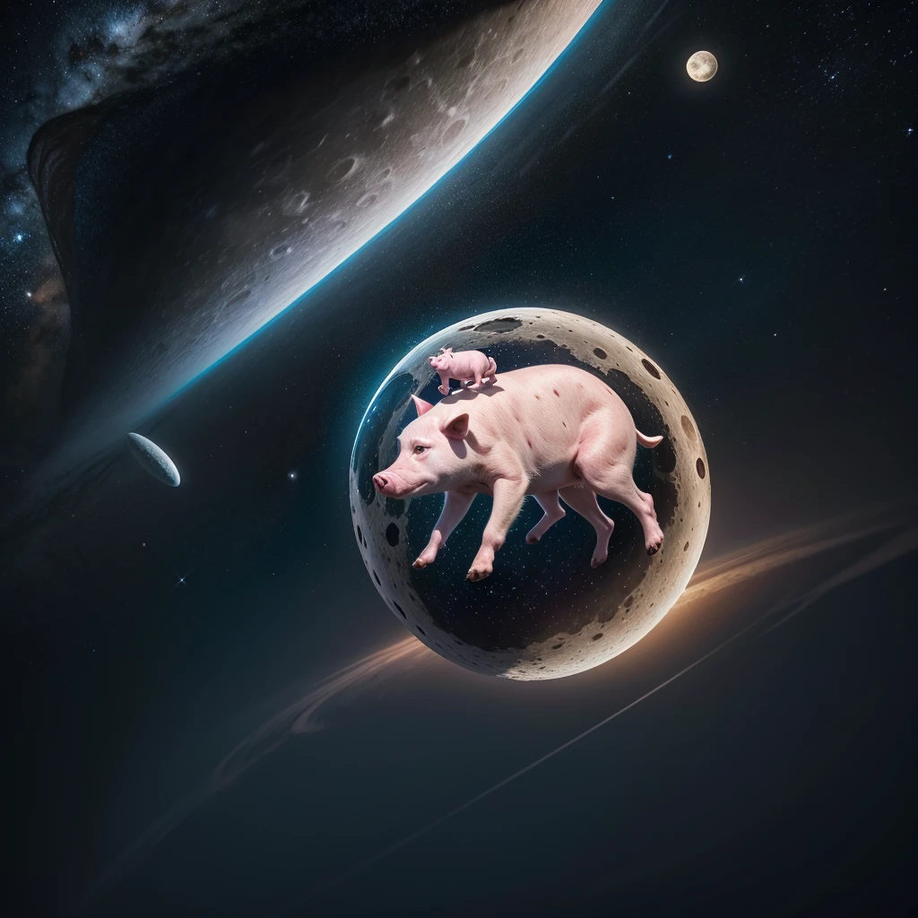 The logo consists of a circle that represents the moon, inside which is a pig flying in outer space. The pig symbolizes originality and creativity, while outer space evokes a sense of adventure and exploration. The design is modern, with vibrant colors and a unique style that makes it memorable and eye-catching. the name of the product "A circle and inside the circle a pig flying in outer space near the moon" presented in an elegant and sophisticated way, reinforcing the image of a leading and popular brand in the shirt market, I do all this in a logo