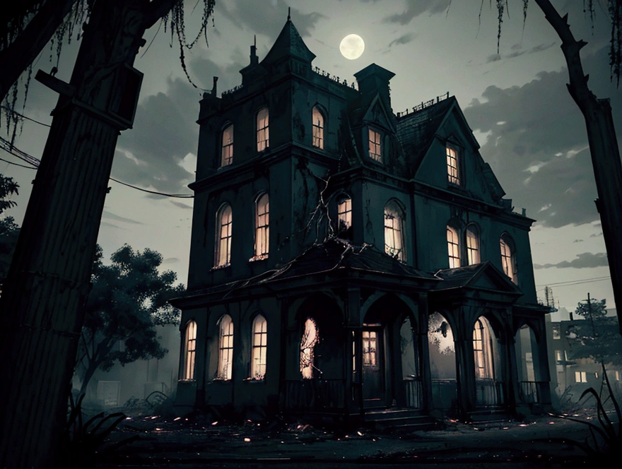 "Create an image of a sinister, haunted hotel. The building is old and decrepit, with cracked walls, broken windows, and an overall eerie, abandoned look. Dim, flickering lights can be seen through some of the windows, casting long, menacing shadows. The hotel's facade is covered in ivy and surrounded by dead, twisted trees. The scene is set at night, with a full moon partially obscured by clouds, casting a pale glow over the building. The overall atmosphere is one of dread and mystery, evoking a sense of fear and unease