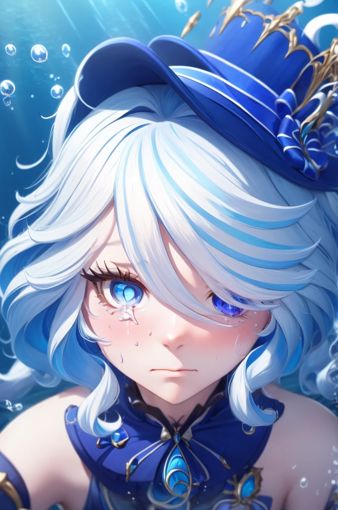 @グール:masterpiece,best quality,1 girl, furina, genshin impact, white hair, blue hair, cute,tear shaped pupils,sad,cry,underwater,bubbles,sea,submerged city anime