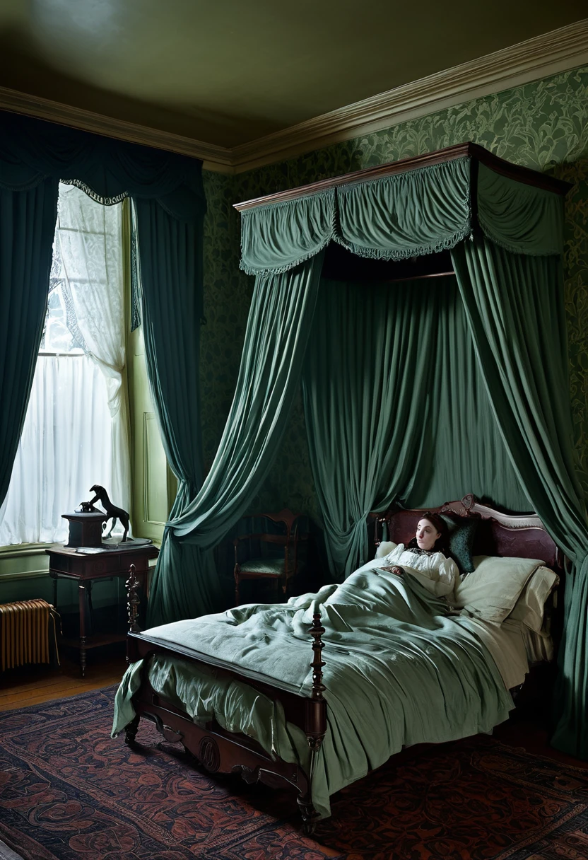 Illustrate a Victorian bedroom with a person paralyzed in bed. The environment is detailed with antique furniture, heavy curtains and an unlit fireplace. A ghostly figure hovers over the person, with an air of mystery and terror."