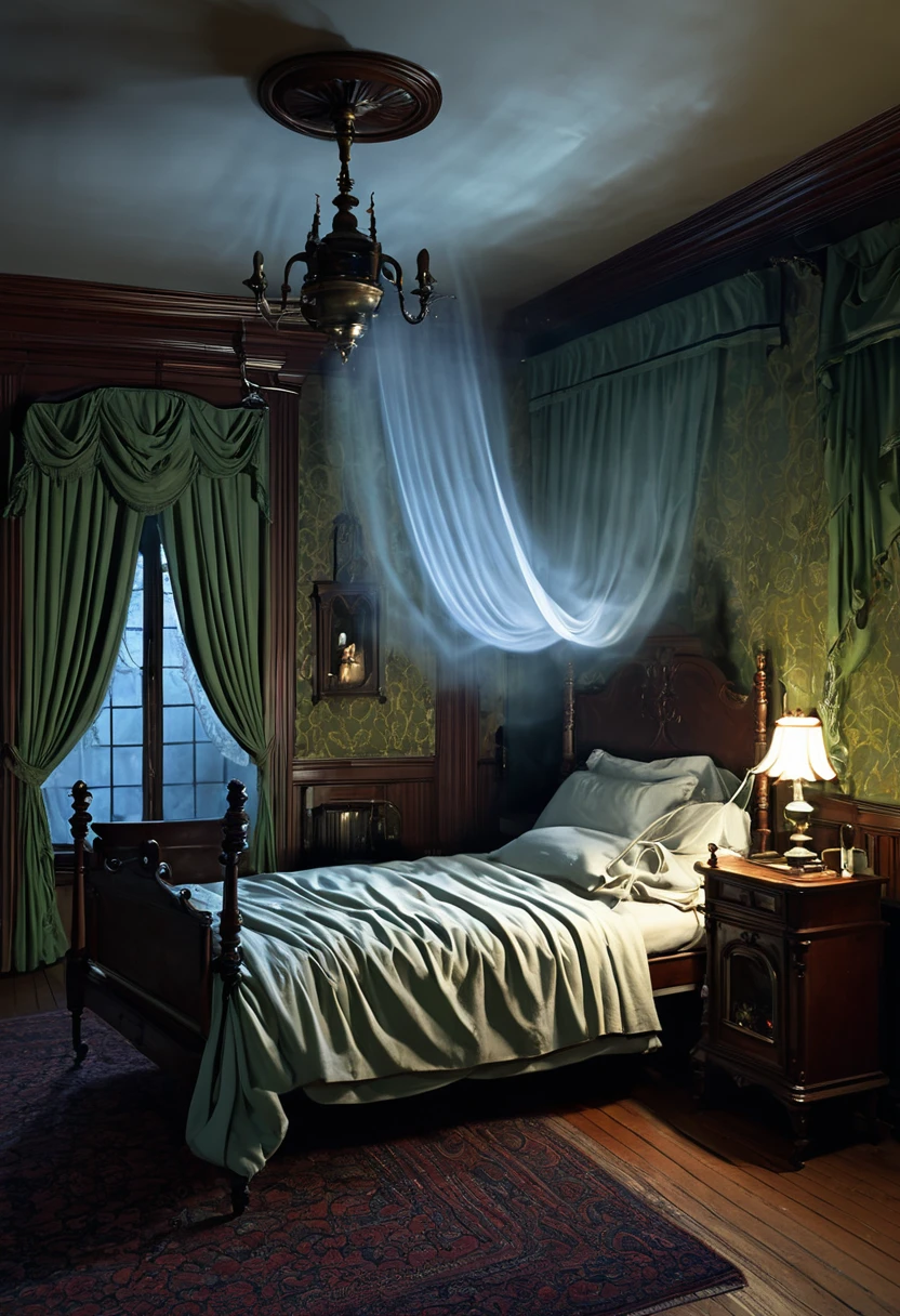 Illustrate a Victorian bedroom with a person paralyzed in bed. The environment is detailed with antique furniture, heavy curtains and an unlit fireplace. A ghostly figure hovers over the person, with an air of mystery and terror."