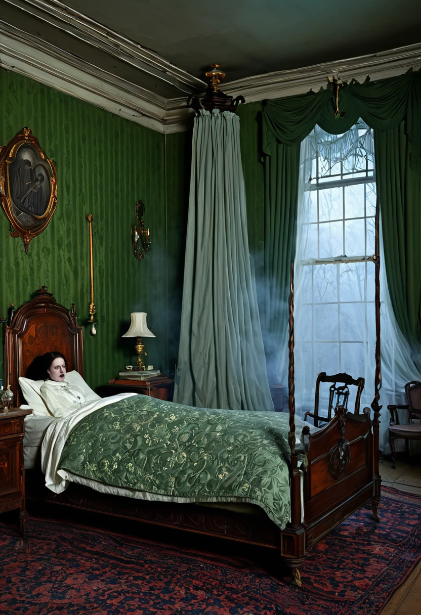 Illustrate a Victorian bedroom with a person paralyzed in bed. The environment is detailed with antique furniture, heavy curtains and an unlit fireplace. A ghostly figure hovers over the person, with an air of mystery and terror."