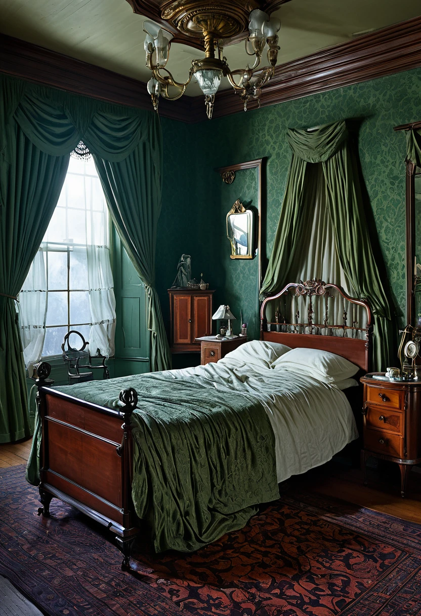 Illustrate a Victorian bedroom with a person paralyzed in bed. The environment is detailed with antique furniture, heavy curtains and an unlit fireplace. A ghostly figure hovers over the person, with an air of mystery and terror."