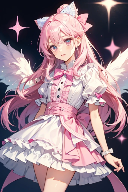 Dream E. is fair-skinned girl with black button eyes. She has light pink hair put up into spikes and the top spike held up in a hot pink bow. She is wearing a little white sleeper with blue stripes and white with a pink collar and buttons. She has on a little frilly hot pink skirt with glittery silver dots on it. She also has on little hot pink wings. SPARKLE; GLITTER