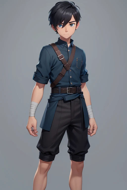 YOUNG, man, short hair cut, black and blue color, tired eyes, dark eye color, short stature, bandages on hands, whole body, pose alegre.
