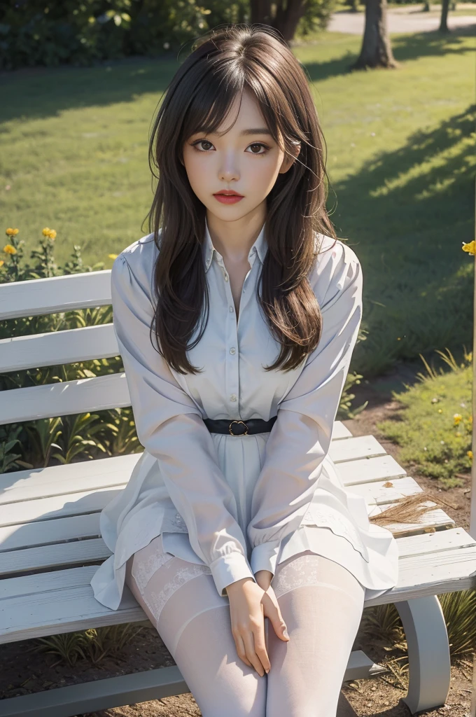 (best quality, 4k, Masterpiece, Ultra detailed, hyperrealism, RAW quality), 1 girl, sitting cross-legged on white garden bench, hands between legs, looking at the sky, she: long plain skirt, thick pantyhose, buttoned blouse, jacket in hand, wings, hair down, noon, English lamps, little birds,