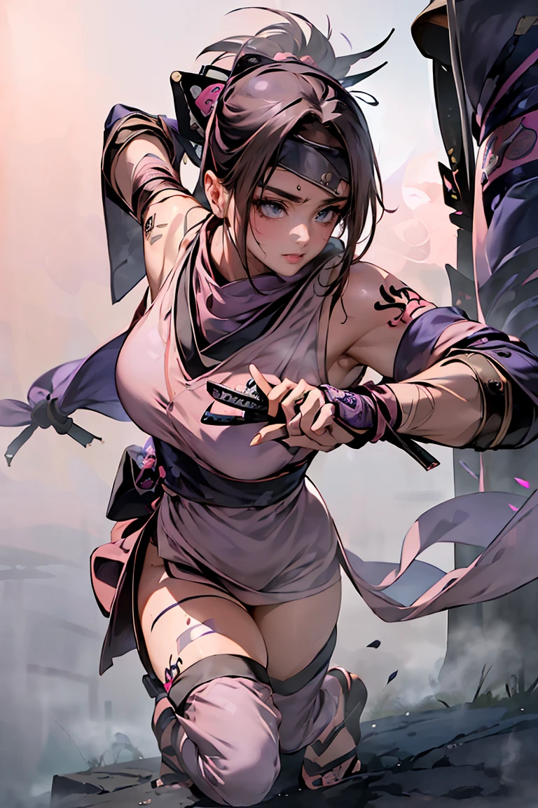 Raise your hands behind your head、night、(masterpiece、Highest quality、Very detailed、so beautiful、Full Body)、(((Pink dense fog effect:1.9)))、(shimmering aura:1.6)), Attractive woman、Angry expression、Sweating profusely、soaked、((Alluring female ninja、Purple Shinobi Costume:1.8))、(Thick lips、Thick eyebrows、Almond-colored eyes、Black Hair)、((Skin:1.4))、Chest wrap、Navy blue long scarf、(From below:1.2)、Japanese garden、(pubic tattoo、glowing tattoo:1.3)