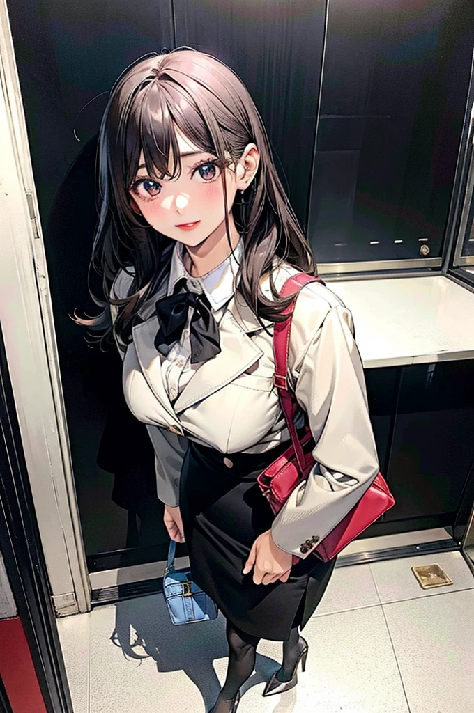 old、Beautiful girl、Great style、Good buddy、glamorous、business suit、Skirt、pantyhose、High heels、office、Are standing、The whole body is visible、Crossbody Bags、Pie Slash、Hang the bag at an angle,Large、Big Breasts