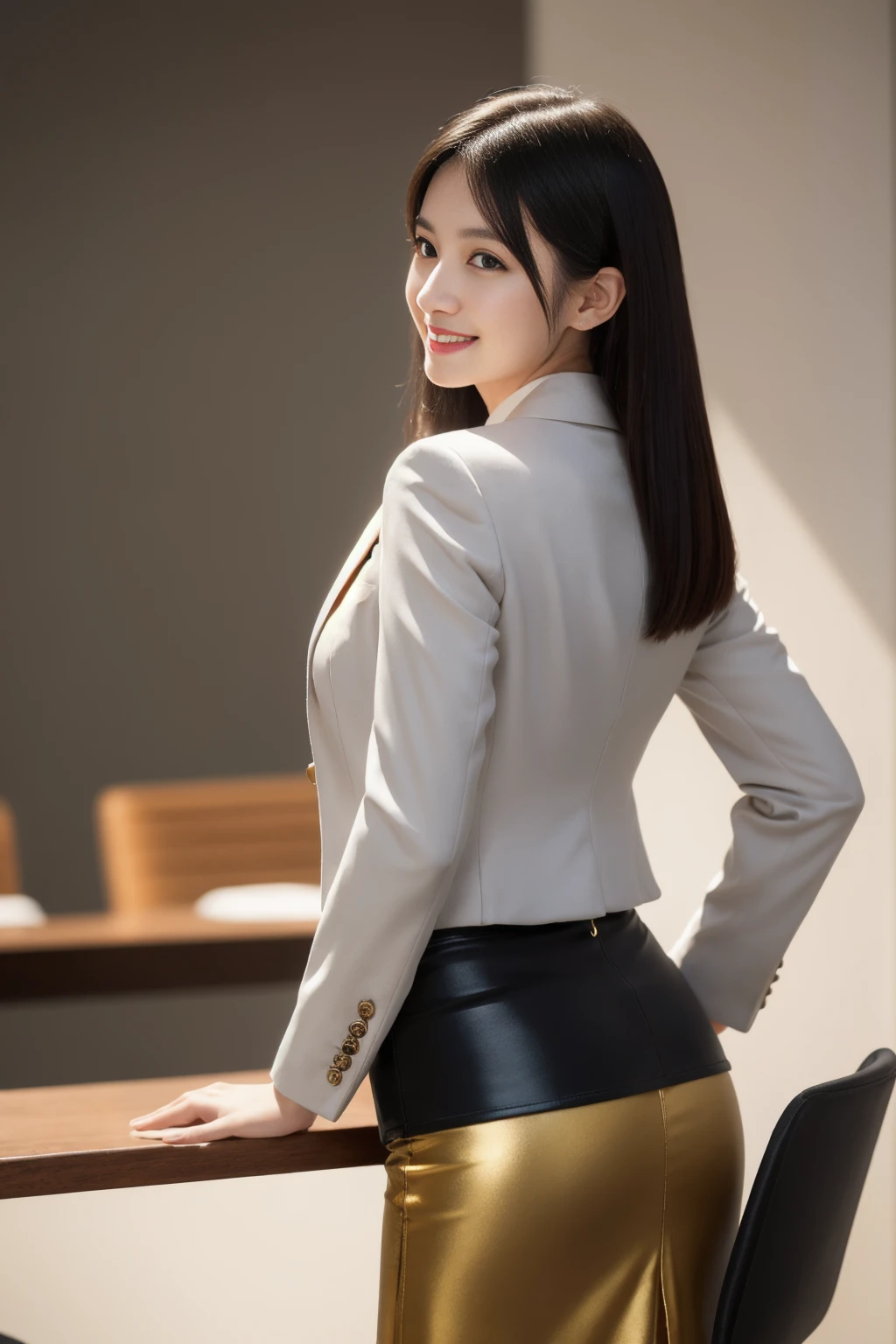 (Tabletop:1.3),8K, Realistic, RAW Photos, Highest quality: 1.4), Japanese, (One Girl), Beautiful Face, (Realistic Face), (Black Hair), Beautiful hairstyle, Realistic eyes, Beautiful attention to detail, (Realistic Skin), Beautiful Skin, Charm, Ultra-high resolution, Surreal, Very detailed, Golden Ratio, (whole body:1.37), (Woman in pencil skirt and suit jacket with attention to detail:1.4), (office lady), Professional attire, High heels, (Smile:1.3), (Flowing, shiny, straight long hair,,,,,,,,,,,,,,:1.3), break, (Big Breasts, Big Ass:1.3), scenery, (Beautiful sunrise background:1.2), From behind, Buckshot, arched back, (Put your arms behind your back), Beautiful attention to detail, View your viewers, From below, (No makeup), (cute), Photon Mapping, (Professional Lighting), In detail, (Children's Pants) ), (Skirt rip:1.1),