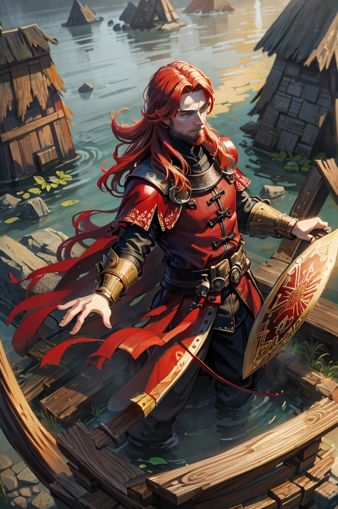 Religious adult man with red hair, in red medieval winter clothes and with a wooden shield held in hand