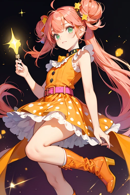 Dyna Might is a fair-skinned girl with two black button eyes normally protected by a pair of large white goggles with pink lenses. The lenses tint her eyes a very dark pink color. Her cheeks are bright red. She has bright green hair worn in pigtail-buns held with small orange-red bows and straight cut bangs. She has a small cowlick at the top of her head.

Her attire is very flashy! She wears a sleeveless orange dress with shiny orange stars, a bright pink belt with a big yellow button in the center, red-orange leggings, tall white boots with orange soles, and a green-yellow cape with pink polka-dotted lining. SPARKLE; GLITTER
