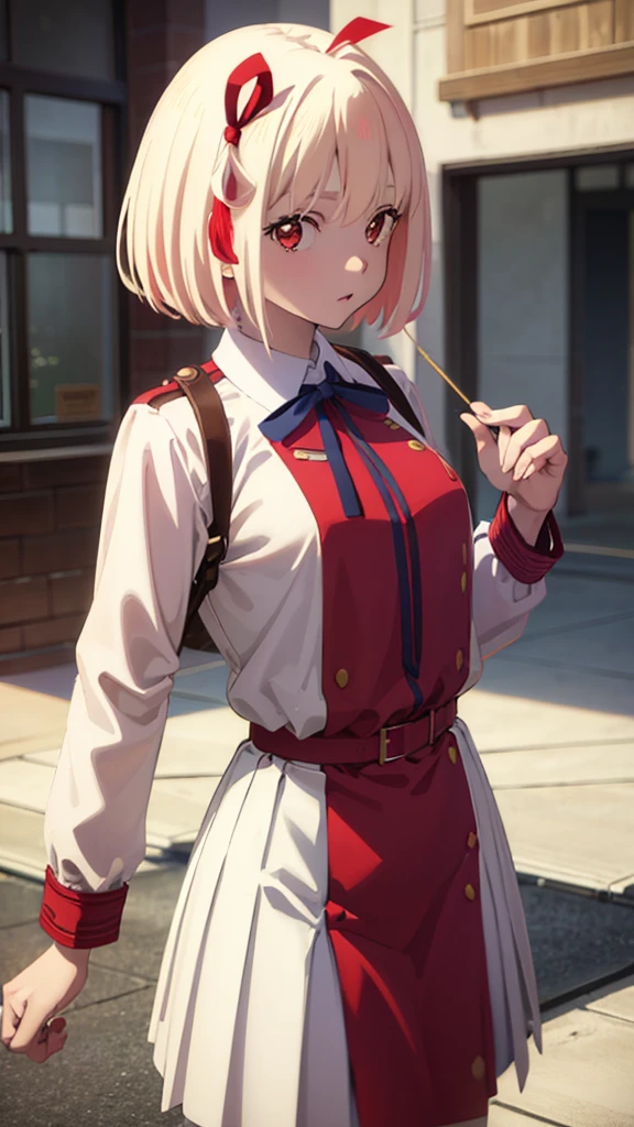 chisatonishikigi, nishikigi chisato, short hair, bangs, blonde hair, (red eyes:1.5), hair ribbon, one side up, bob cut, BREAK shirt, long sleeves, dress, ribbon, white shirt, collared shirt, belt, neck ribbon, red dress, blue ribbon, pleated dress, grey dress, two-tone dress, red belt, lycoris uniform,, BREAK outdoors, city, BREAK looking at viewer, BREAK (masterpiece:1.2), best quality, high resolution, unity 8k wallpaper, (illustration:0.8), (beautiful detailed eyes:1.6), extremely detailed face, perfect lighting, extremely detailed CG, (perfect hands, perfect anatomy),