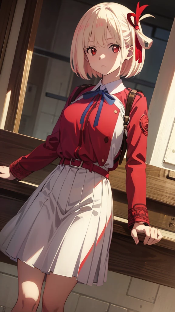 chisatonishikigi, nishikigi chisato, short hair, bangs, blonde hair, (red eyes:1.5), hair ribbon, one side up, bob cut, BREAK shirt, long sleeves, dress, ribbon, white shirt, collared shirt, belt, neck ribbon, red dress, blue ribbon, pleated dress, grey dress, two-tone dress, red belt, lycoris uniform,, BREAK outdoors, city, BREAK looking at viewer, BREAK (masterpiece:1.2), best quality, high resolution, unity 8k wallpaper, (illustration:0.8), (beautiful detailed eyes:1.6), extremely detailed face, perfect lighting, extremely detailed CG, (perfect hands, perfect anatomy),