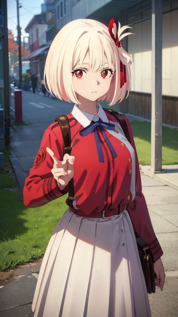 chisatonishikigi, nishikigi chisato, short hair, bangs, blonde hair, (red eyes:1.5), hair ribbon, one side up, bob cut, BREAK shirt, long sleeves, dress, ribbon, white shirt, collared shirt, belt, neck ribbon, red dress, blue ribbon, pleated dress, grey dress, two-tone dress, red belt, lycoris uniform,, BREAK outdoors, city, BREAK looking at viewer, BREAK (masterpiece:1.2), best quality, high resolution, unity 8k wallpaper, (illustration:0.8), (beautiful detailed eyes:1.6), extremely detailed face, perfect lighting, extremely detailed CG, (perfect hands, perfect anatomy),