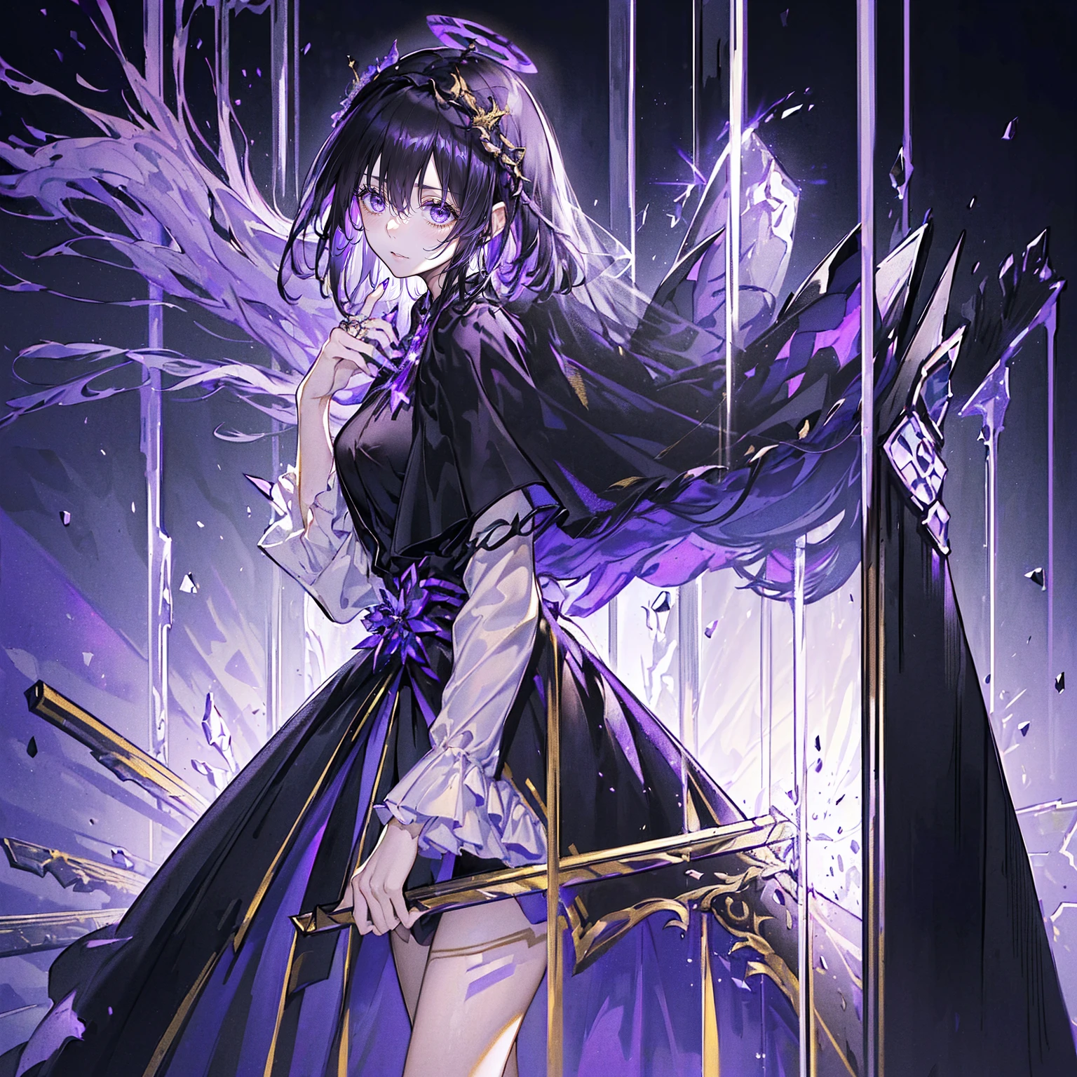 (Super detailed)),((illustration)),((masterpiece)),(((need))),((fine、Highest quality CG Unity 8K wallpapers,masterpiece),((4K,masterpiece,best quality)),Black hair queen,Waist-length hair,Royal sister,Sexy,Tall figure,Lilac eyes,Standing upright in a coffin,Mature,Hair Bunch,Hair tied on both sides,Black and gold gauze robe,Black and purple French vintage clothing,Gorgeous pure black cape,Black veil,Purple-white halo,Black and purple high heels,Wearing a crown on the head,Holding a knight's sword,pyramid,Emitting dim purple light,Brilliant palace,The deep sea is filled with coffins,Mysterious symbols,individual,Full body picture
