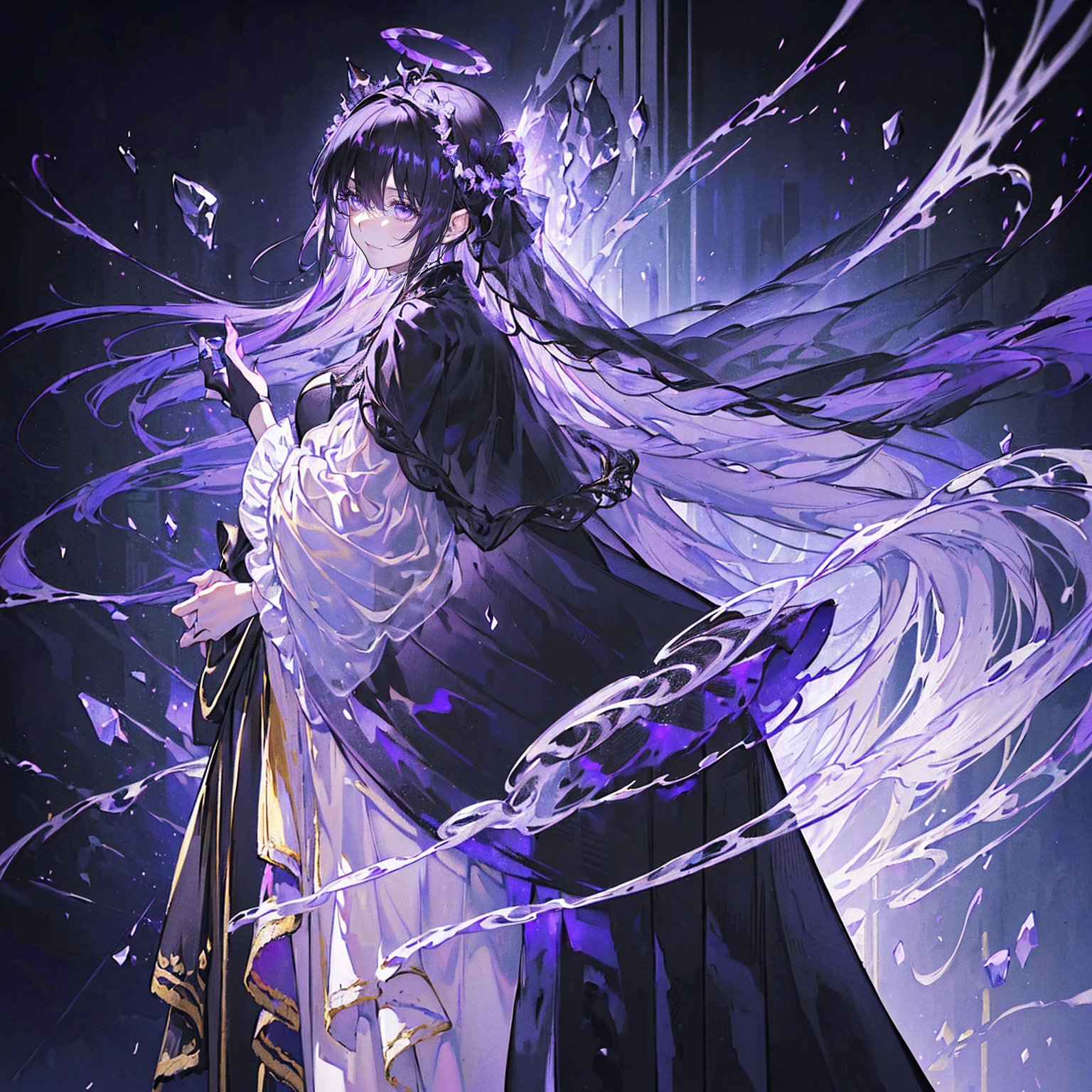 (Super detailed)),((illustration)),((masterpiece)),(((need))),((fine、Highest quality CG Unity 8K wallpapers,masterpiece),((4K,masterpiece,best quality)),Black hair queen,Waist-length hair,Royal sister,Sexy,Tall figure,Lilac eyes,Standing upright in a coffin,Mature,Hair Bunch,Hair tied on both sides,Black and gold gauze robe,Black and purple French vintage clothing,Gorgeous pure black cape,Black veil,Purple-white halo,Black and purple high heels,Wearing a crown on the head,Holding a knight's sword,pyramid,Emitting dim purple light,Brilliant palace,The deep sea is filled with coffins,Mysterious symbols,individual,Full body picture