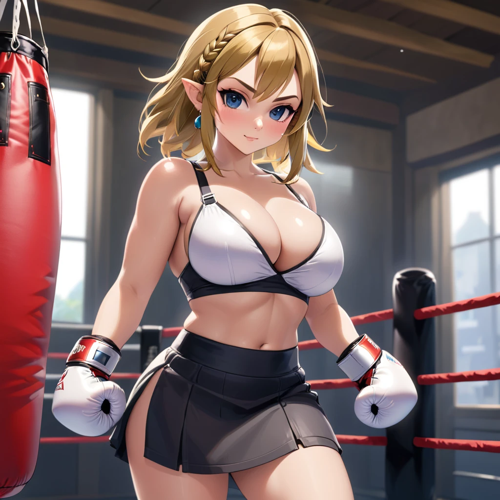 Zelda, big  tits, big ass, thick juicy thighs, tight tiny  mini skirt, tight pushup bra,  boxing gloves, flirty naughty posing.  35 years of age