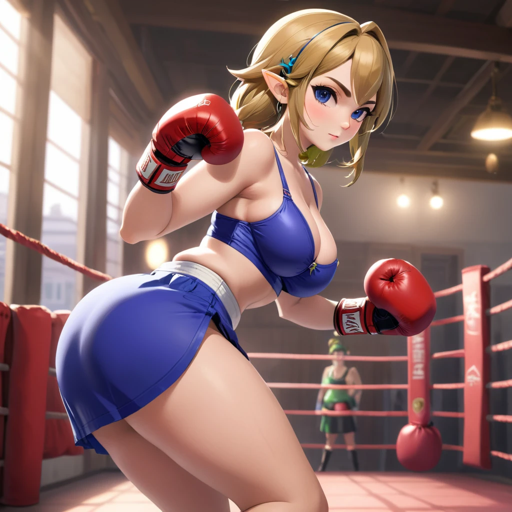 Zelda, big  tits, big ass, thick juicy thighs, tight tiny  mini skirt, tight pushup bra,  boxing gloves, flirty naughty posing.  35 years of age