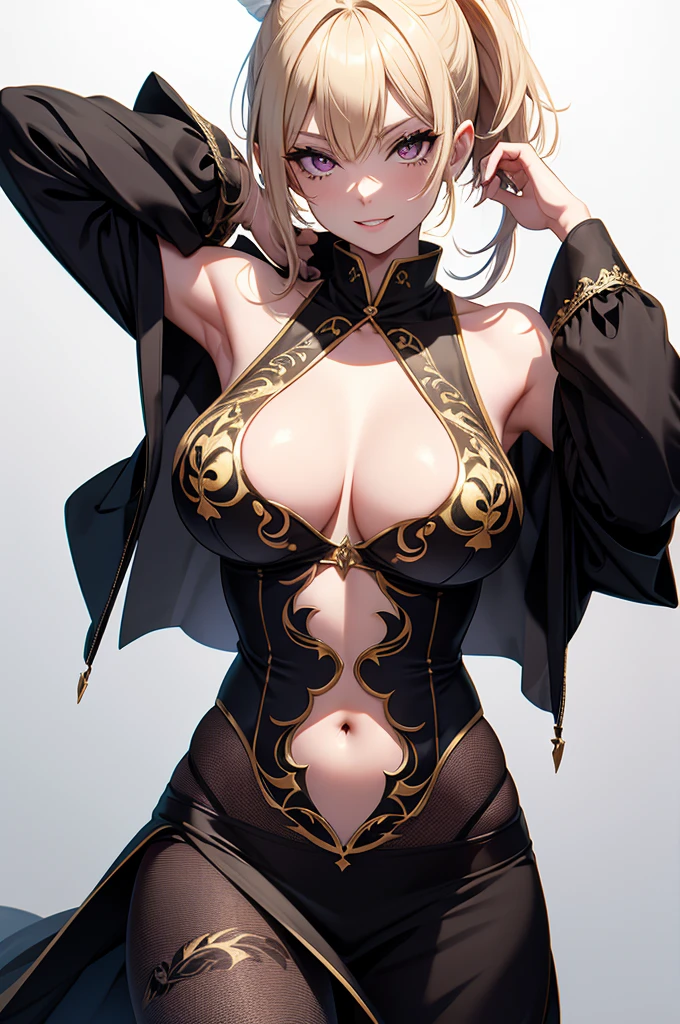 masterpiece), Highest quality, 
One girl, (Ultra-high resolution:1.6), (eyelash:1.5),
(Exquisitely detailed body:1.2), 
Yellow Hair, 
(bangs:1.1), (ponytail:1.1), 
Purple eyes, (Gothic Makeup, Red lipstick, eye shadow:1.1), 
(Pale skin:1.1), (Huge breasts:1.3),
Grin, Open your mouth,
(Gold embroidered bodysuit, Belly button cutout, tattoo:1.2), (pantyhose:1.3), 
(Witch Costume:1.2), 
(ribbon:1.1), (jewelry:1.1), gloves, 
Are standing, peace,
(whole body:1.1), 
( White Background:1.2)"、Obscene lines、（お腹にObscene lines）