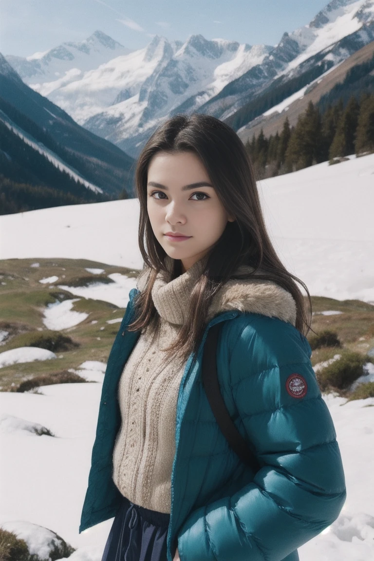 Realistic photo of Beautiful brunette woman standing in the snowy mountains with colorful, perfect lighting. Shot with Leica Summicron 35mm f2.0 lens on Kodak Portra 400 film.