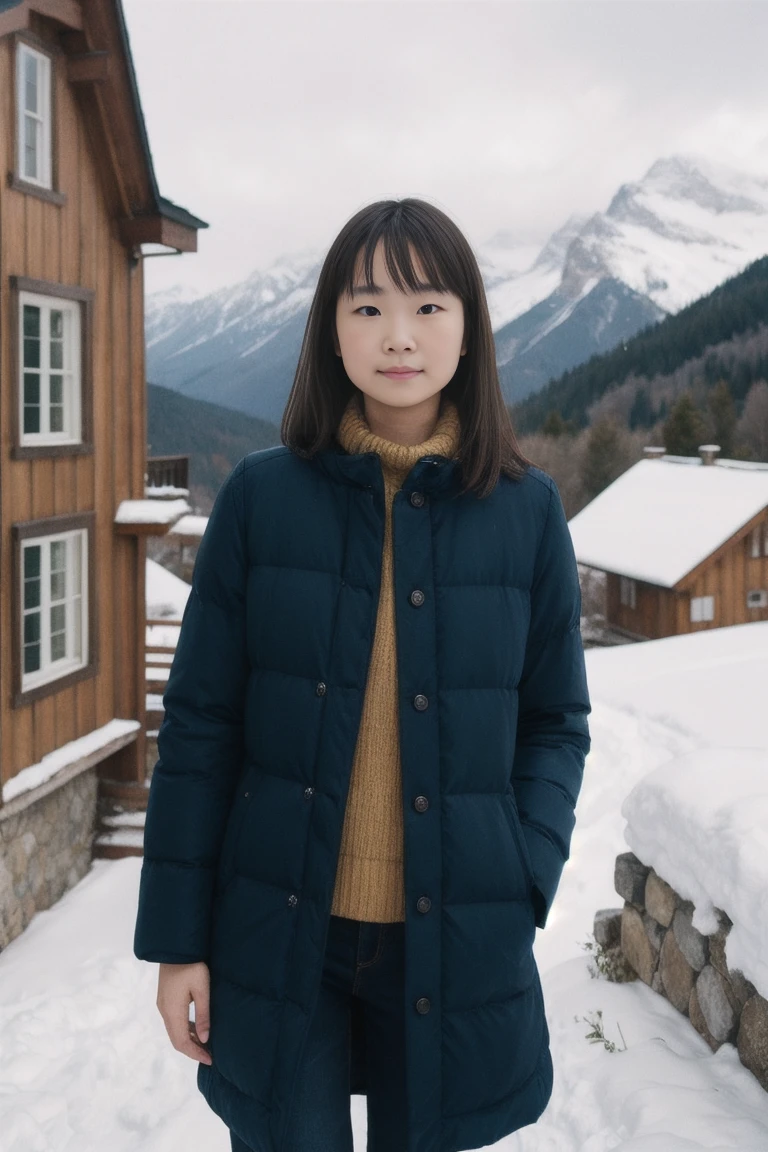 Realistic photo of Beautiful brunette woman standing in the snowy mountains with colorful, perfect lighting. Shot with Leica Summicron 35mm f2.0 lens on Kodak Portra 400 film.