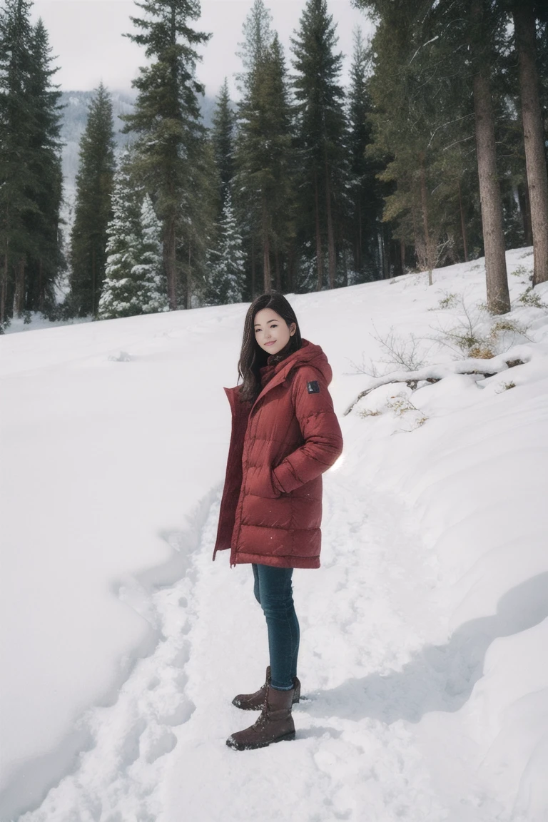 Realistic photo of Beautiful brunette woman standing in the snowy mountains with colorful, perfect lighting. Shot with Leica Summicron 35mm f2.0 lens on Kodak Portra 400 film.