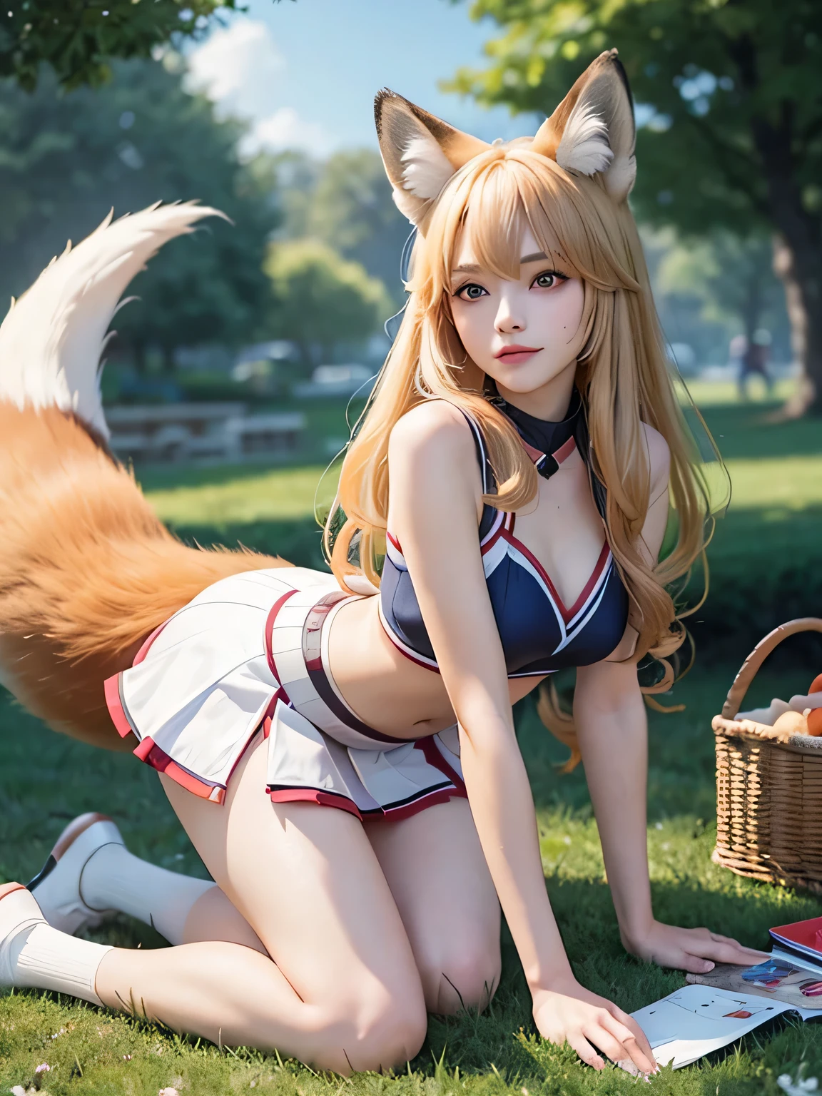 Fox Girl, Fox&#39;s Tail, Nine-Tailed Fox,Fox Ears, Black colored hair, Fox Makeup,One Girl、 Kimono with open chest, Body size is 100-70-90!、Nice body, Avatar, face, Open chest, lewd face, Dominant representation, naughty face,Big Breasts,Emphasize cleavage,Show bare skin、Skin is visible、With legs apart、Show off your thighs、With legs apart、A beautifully patterned kimono、I can see her cleavage、Muscular、Uplifting、Abdominal muscles、Exposed skin、Long Hair、Skin Texture、Soft breasts 、outside、Grassy field