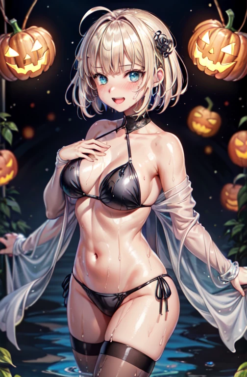 woman,14 years old, ((Tavern)), ((restaurant)), ((indoor)), (((Black Bikini, Wet Bikini, See-through bikini, Thigh focus))),Open mouth smiling, ((There are two stray hairs coming out of my head.)), ((hair ornaments)), ((Baby girl body type)), One girl, Artoria Pendragon,destiny,aphrodisiac,Lie,Things to know, Areol, defenseless,Embarrassing,Be embarrassed,Knead the milk,Milk is important,Len,Breast milk, Knight King,Noble,ring,既婚woman, Pointing straight up, (Highest quality:1.1), (masterpiece:1.4), (Absurd:1.0), Portrait, Close-up, One girl、Momoberia Deviluke、hair ornaments、Beautiful bob cut、Beautiful Short Hair、Emerald blue eyeid-chest、Watching the audience、(blush:1.2)、Embarrassed look、Mesh pantyhose、Black background、((Pumpkin lantern)), Striped pattern, ((Has a troubled look)), ((There are Western-style sweets everywhere.)), ((Cute gestures))