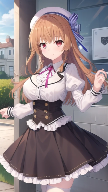 ((masterpiece)),(best quality),official art,extremely detailed CG,unity 8k wallpaper,ultra detailed,beautiful detailed eyes,extremely detailed face,outdoors,1girl,solo,cowboy shot,looking at viewer,facing viewer,smile,Asamiya Shiina,white hat,hat bow,long hair,orange hair,twin braids,side braid,bangs,red eyes,,(white jacket),suit jacket,wing collar,pink neck ribbon,white shirt,collared shirt,center frills,large breasts,underbust,juliet sleeves,puffy sleeves,long sleeves,shirt tucked in,black skirt,pleated skirt,plaid skirt,frilled skirt,pigeon-toed,white thighhighs,zettai ryouiki,mary janes,black footwear,