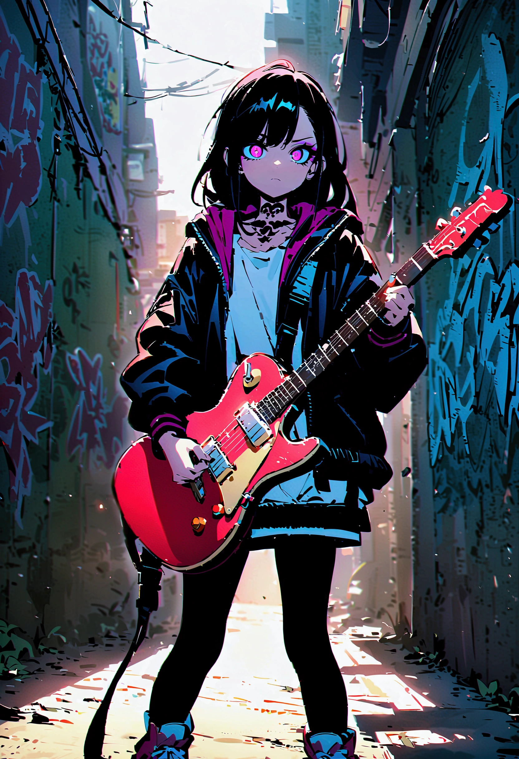 Playing the guitar、Performance、Step Piece, Best Quality, Best Illustration, Ultra-detailed,girl, pinkrose long hair, crazy baddie girl, Cool Black Open Short Jacket, neck tattoo, Messy Fade Cut Hair, Side braided hair,Crazy, standing with an eerie feeling, abandond street graffiti wall background,knee high socks, quirky sneakers, Eyeshadow on the eyes,unusual colored eyes, Eyes of fear, vivid eyes, cool shot